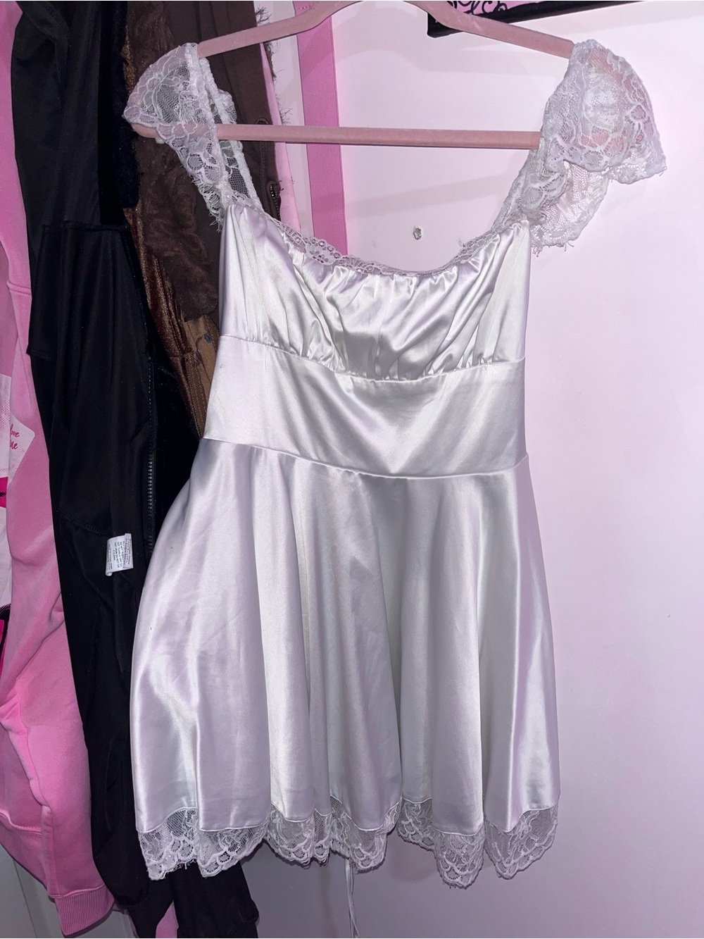 House of CB White Satin Lace-Trim Mini Dress